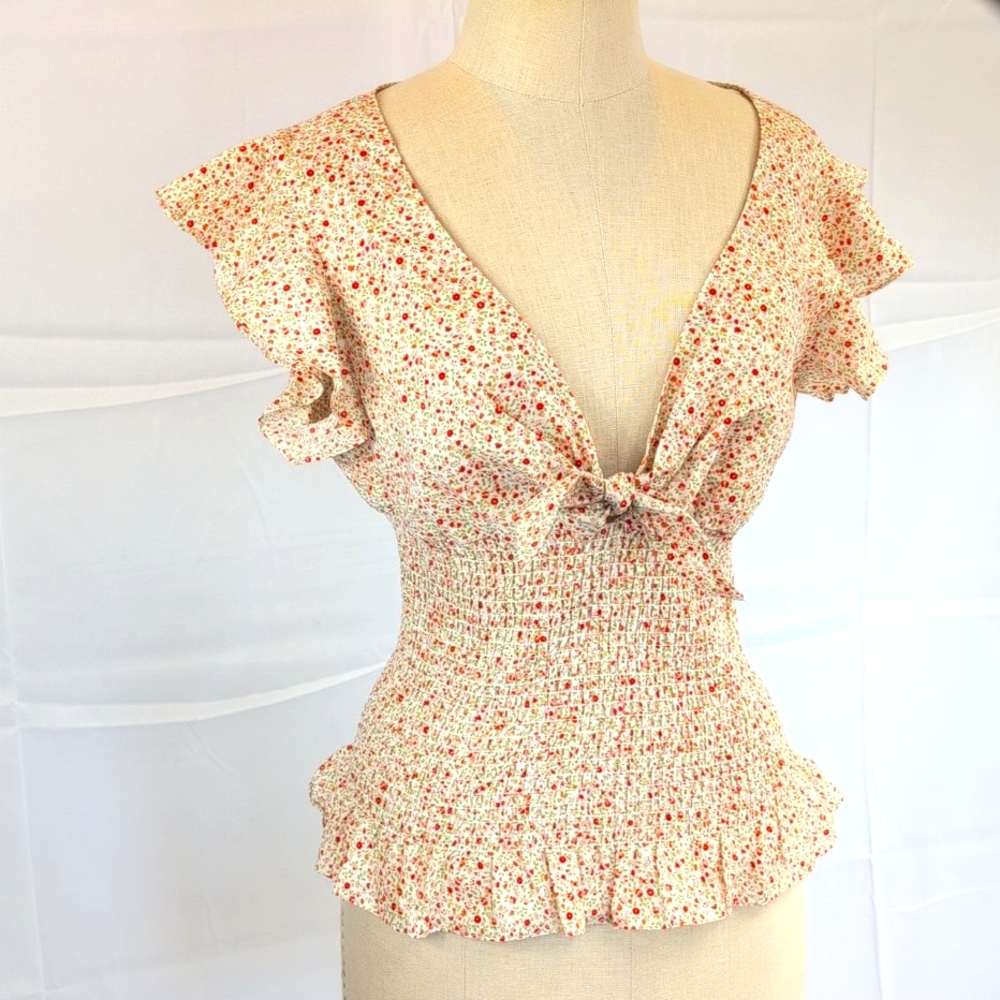 Amanda Uprichard Cream Floral Tie-Front Smocked Blouse